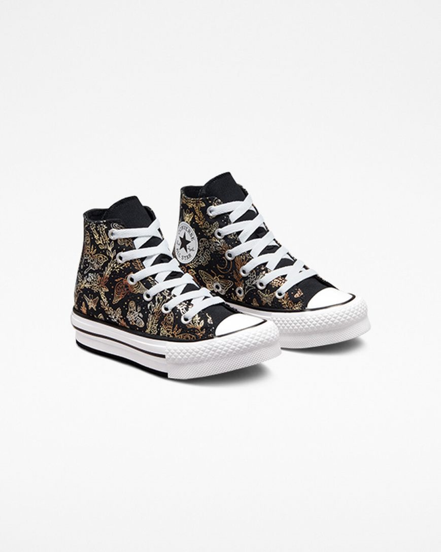 Zapatos Plataforma Converse Chuck Taylor All Star EVA Lift Butterfly Shine Altas Niña Negras Doradas Blancas | PE 8WEL54